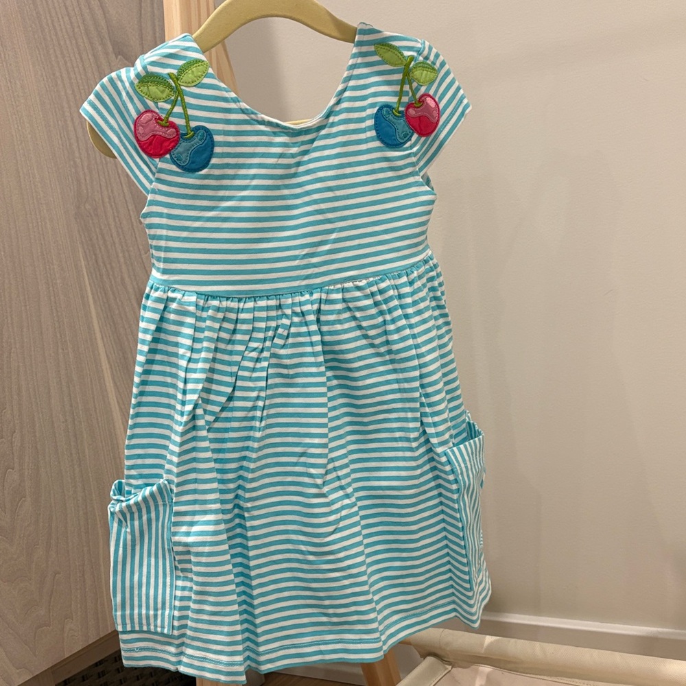 Mayoral Blue and White Striped Dress with Cherry Details and pockets